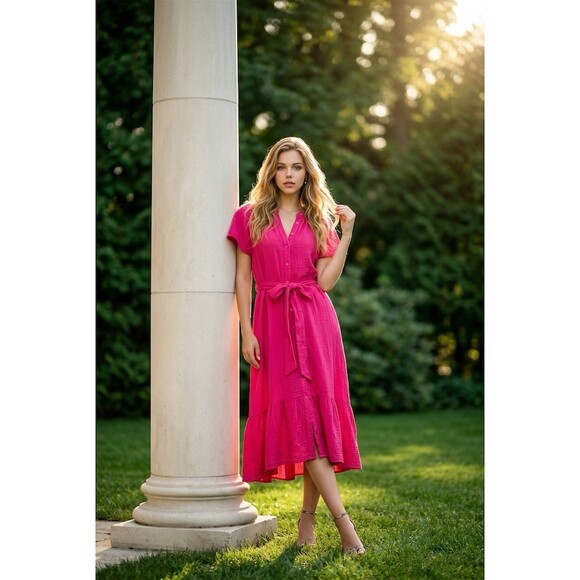 TwentyTen Dresses & Skirts - TwentyTen Shirt Dress Womens Size S Hot Pink Midi Button Front Tie Waist